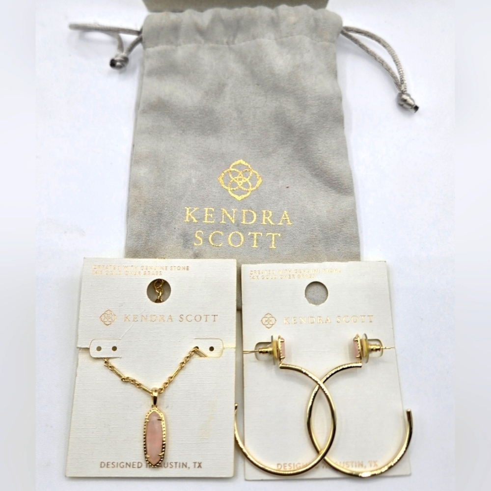 KENDRA SCOTT NWT Necklace & Earring Set Gold w/ Light Pink Stone - Picture 9 of 9